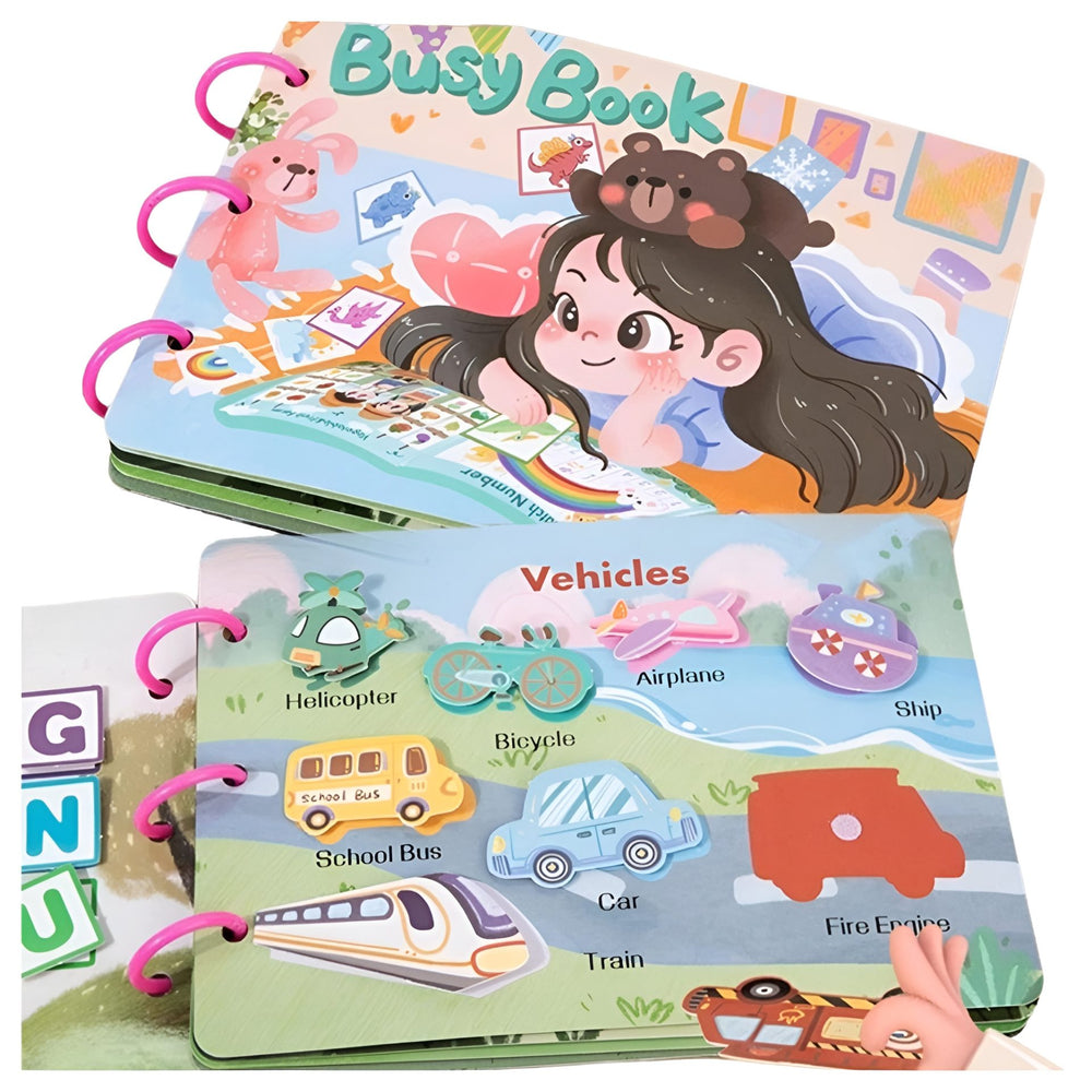Carte Educationala Montessori, Joc Educational Busy Book, Carte Senzoriala cu 12 Teme de Invatare, Dezvolta Motricitatea Fina si Logica, Alfabet, Cifre, Jucarie de Calatorie, 3ani+, Multicolor
