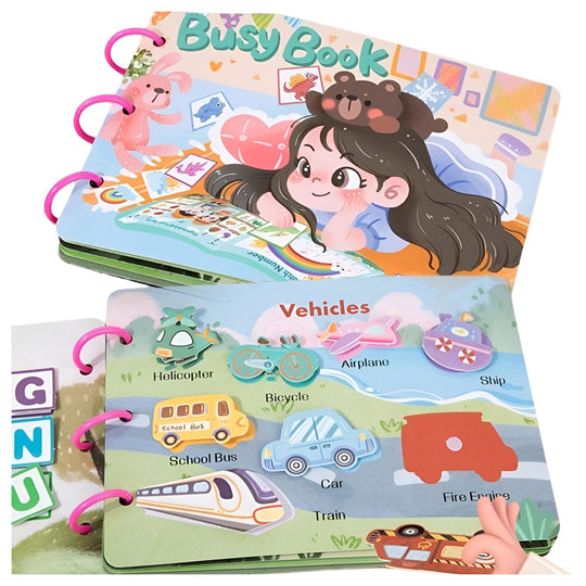 Carte Educationala Montessori, Joc Educational Busy Book, Carte Senzoriala cu 12 Teme de Invatare, Dezvolta Motricitatea Fina si Logica, Alfabet, Cifre, Jucarie de Calatorie, 3ani+, Multicolor