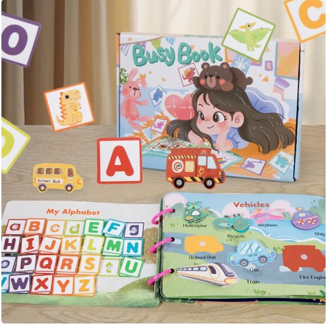 Carte Educationala Montessori, Joc Educational Busy Book, Carte Senzoriala cu 12 Teme de Invatare, Dezvolta Motricitatea Fina si Logica, Alfabet, Cifre, Jucarie de Calatorie, 3ani+, Multicolor