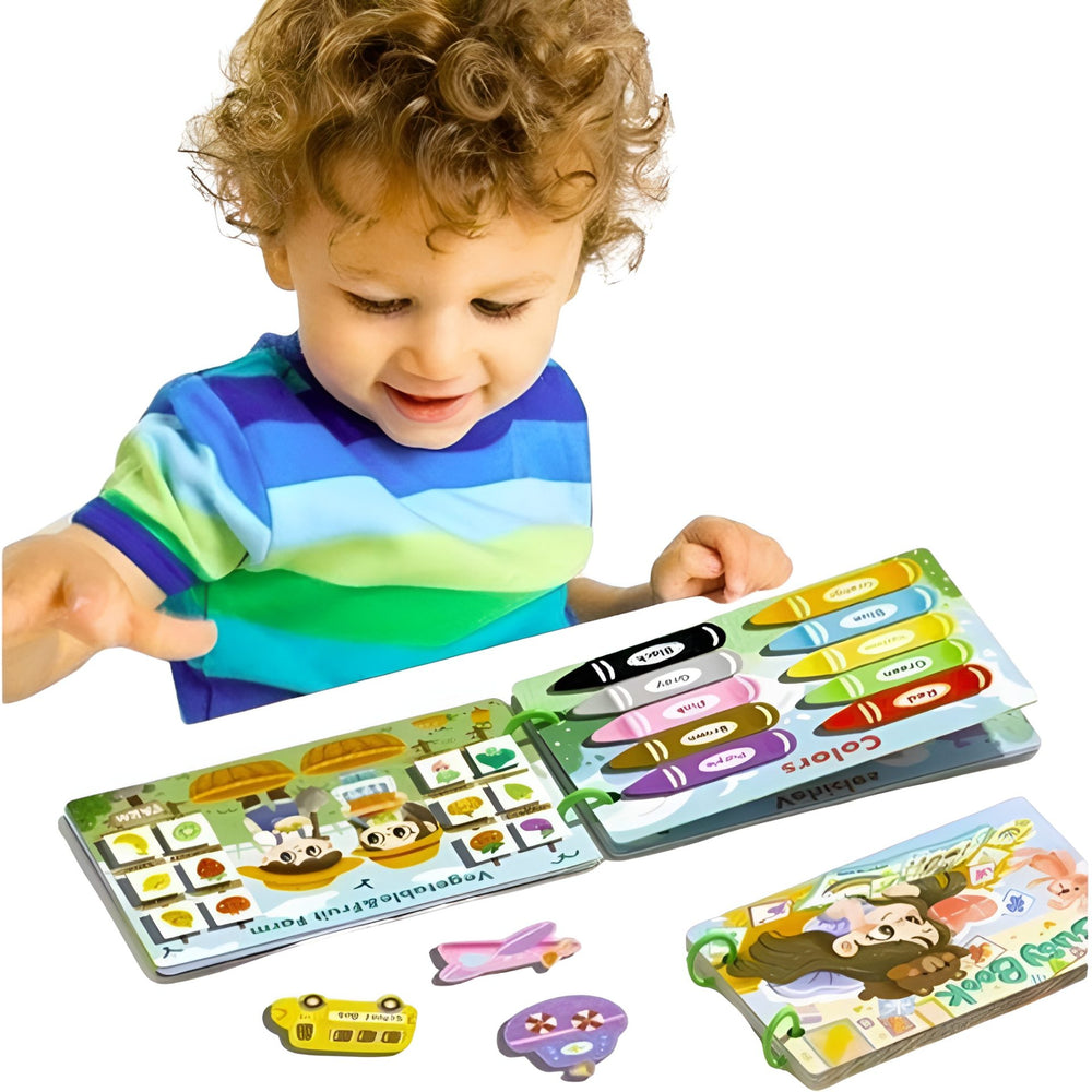 Carte Educationala Montessori, Joc Educational Busy Book, Carte Senzoriala cu 12 Teme de Invatare, Dezvolta Motricitatea Fina si Logica, Alfabet, Cifre, Jucarie de Calatorie, 3ani+, Multicolor