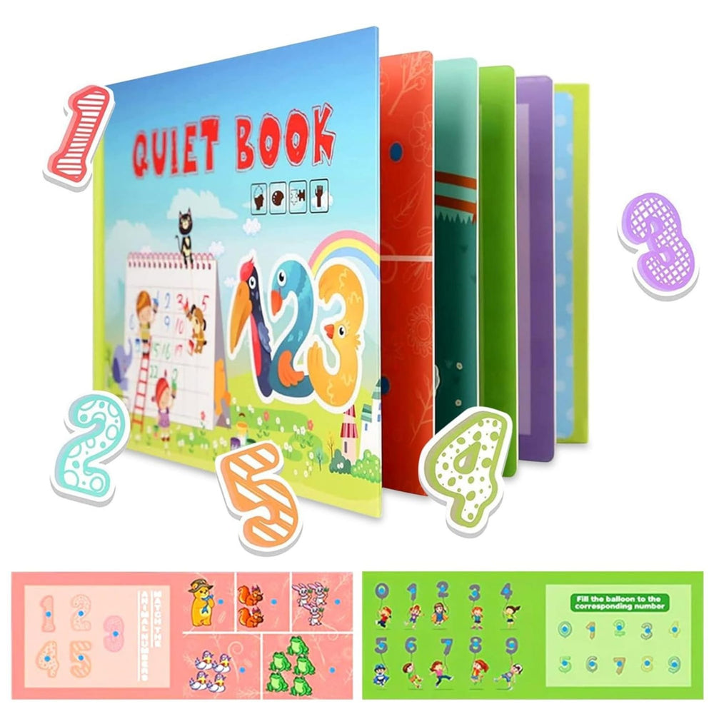 Carte Educativa cu Piese Reutilizabile, Quiet Book Montessori, Seria Numere, 10 Pagini, Piese cu Scai, 28x20.5x2 cm, Multicolor