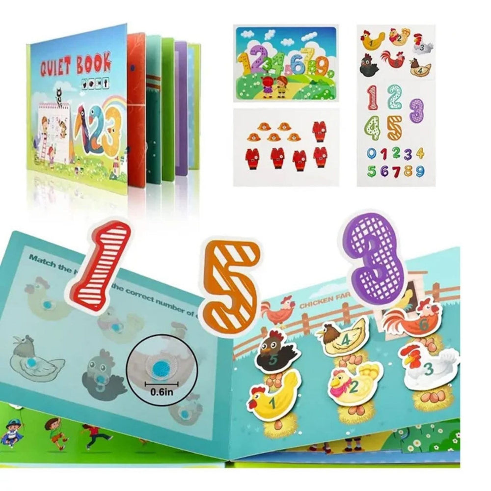 Carte Educativa cu Piese Reutilizabile, Quiet Book Montessori, Seria Numere, 10 Pagini, Piese cu Scai, 28x20.5x2 cm, Multicolor
