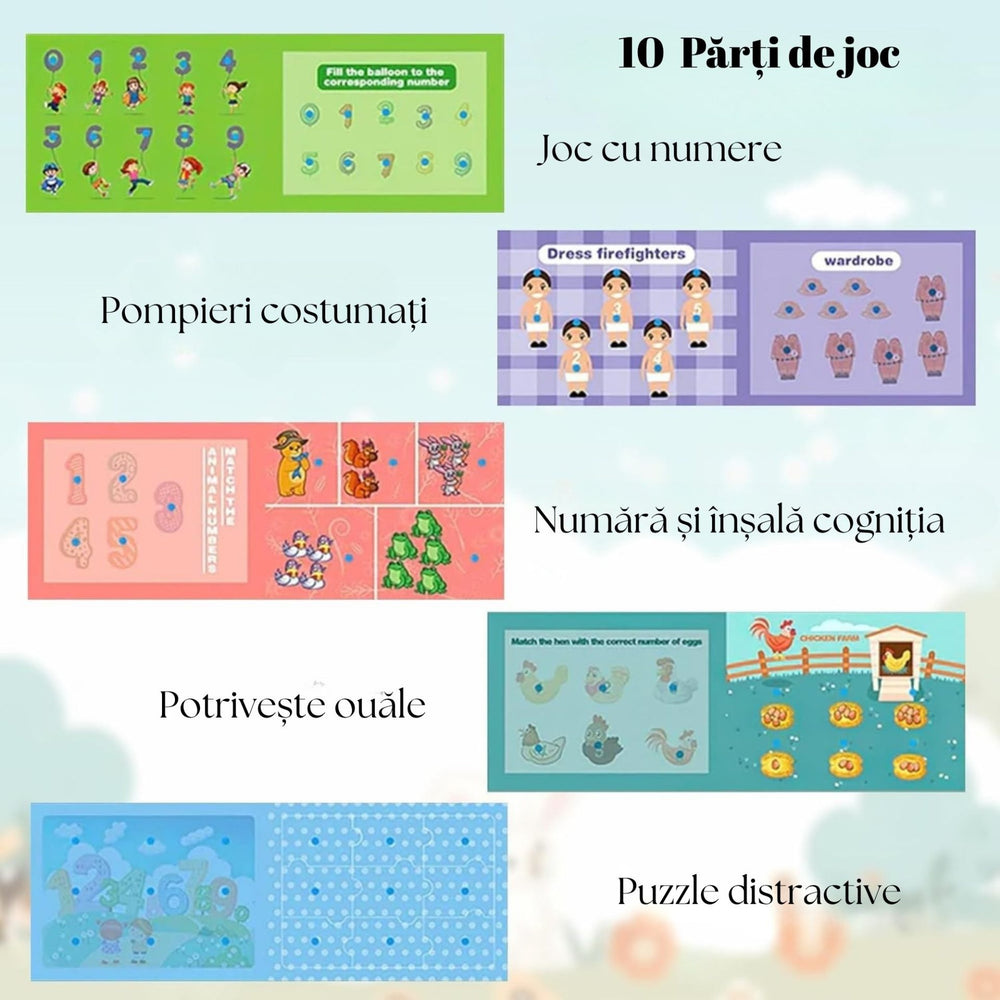 Carte Educativa cu Piese Reutilizabile, Quiet Book Montessori, Seria Numere, 10 Pagini, Piese cu Scai, 28x20.5x2 cm, Multicolor