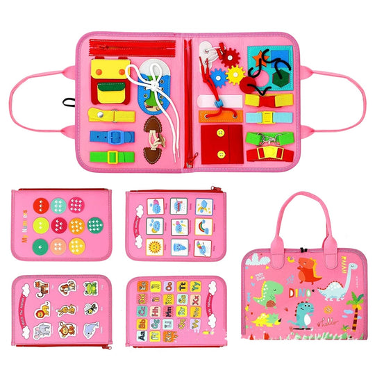 Carte Senzoriala Educativa Montessori 7in1, 26 de Activitati, Dezvoltare Abilitati Motorii, 4 Pagini, Model Dinozauri, 28x22x7 cm, Roz