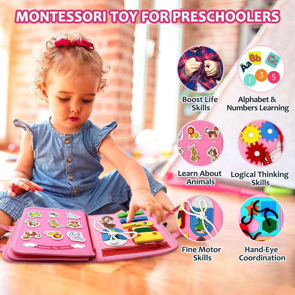 Carte Senzoriala Educativa Montessori 7in1, 26 de Activitati, Dezvoltare Abilitati Motorii, 4 Pagini, Model Dinozauri, 28x22x7 cm, Roz