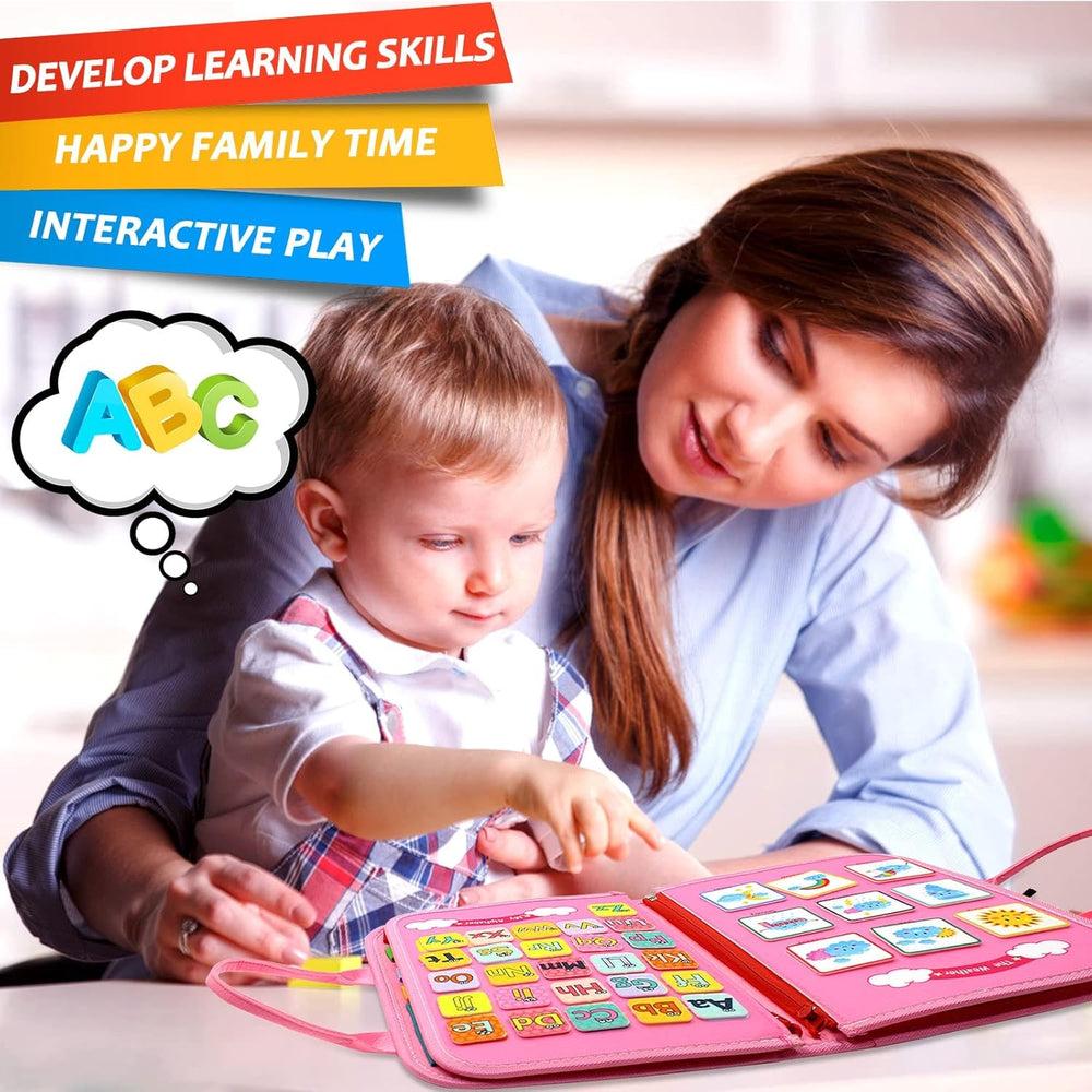Carte Senzoriala Educativa Montessori 7in1, 26 de Activitati, Dezvoltare Abilitati Motorii, 4 Pagini, Model Dinozauri, 28x22x7 cm, Roz