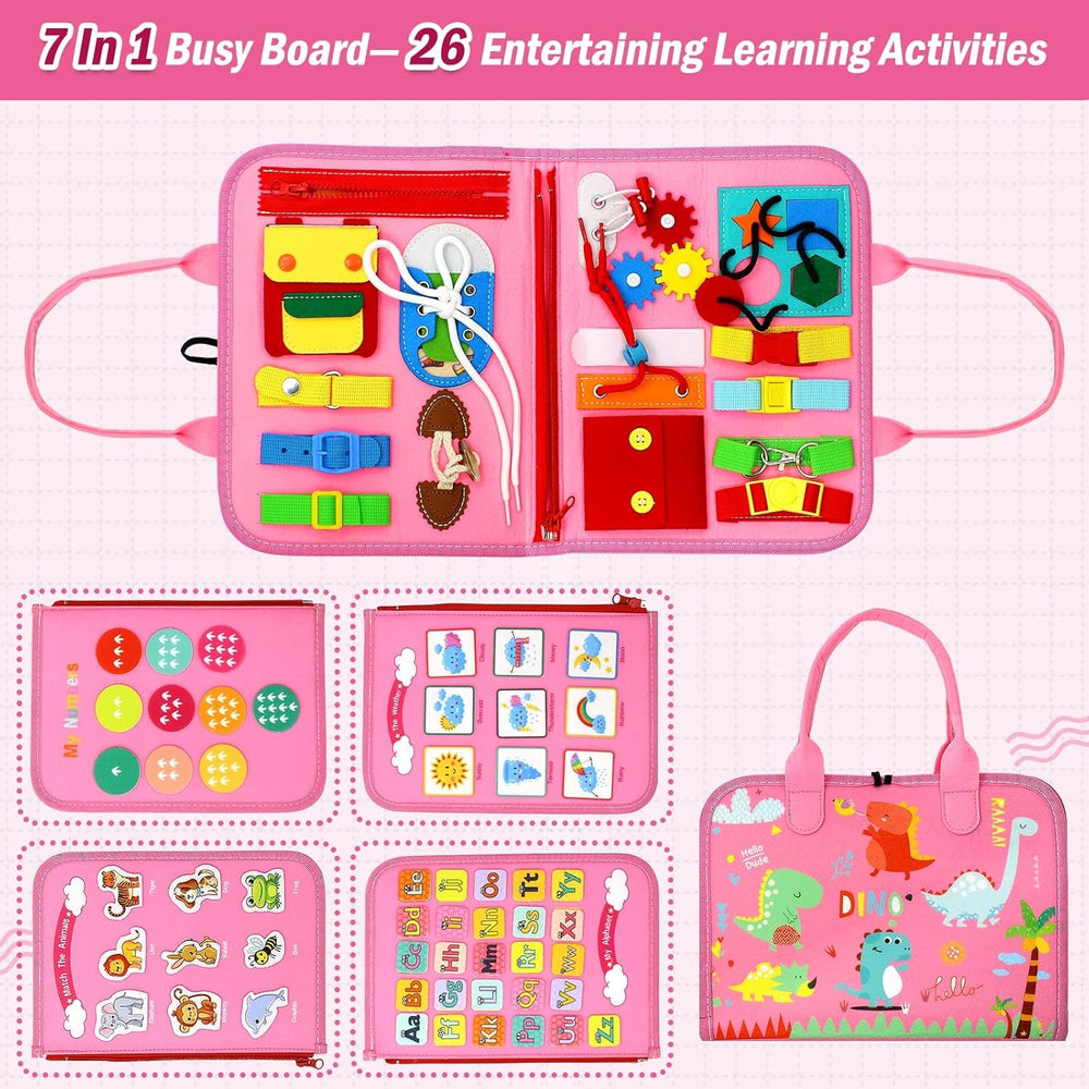 Carte Senzoriala Educativa Montessori 7in1, 26 de Activitati, Dezvoltare Abilitati Motorii, 4 Pagini, Model Dinozauri, 28x22x7 cm, Roz