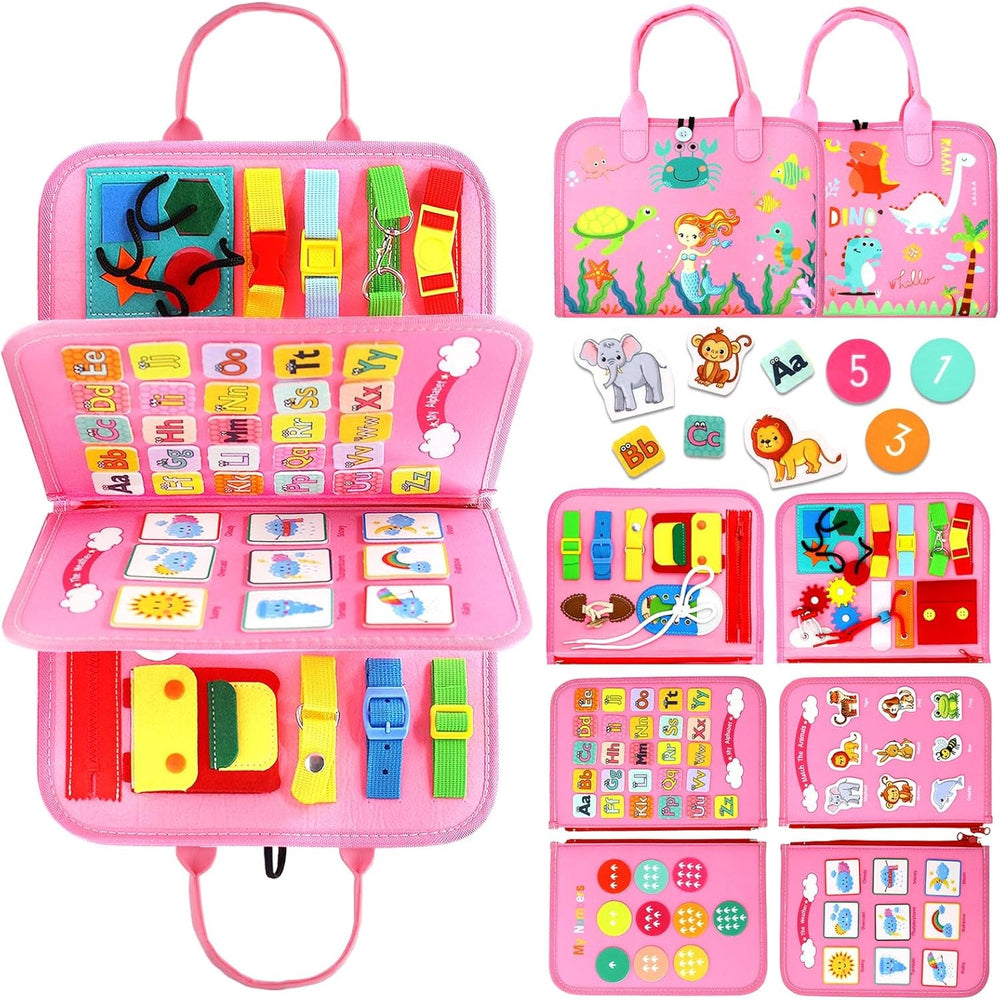 Carte Senzoriala Educativa Montessori 7in1, 26 de Activitati, Dezvoltare Abilitati Motorii, 4 Pagini, Model Dinozauri, 28x22x7 cm, Roz