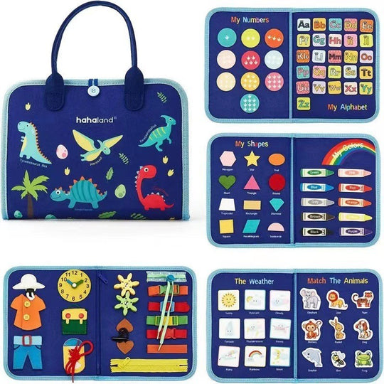 Carte Senzoriala Educativa Montessori, Dezvoltare Abilitati Motorii, 5 Pagini, Model Dinozauri, 28x22x7 cm, Albastru