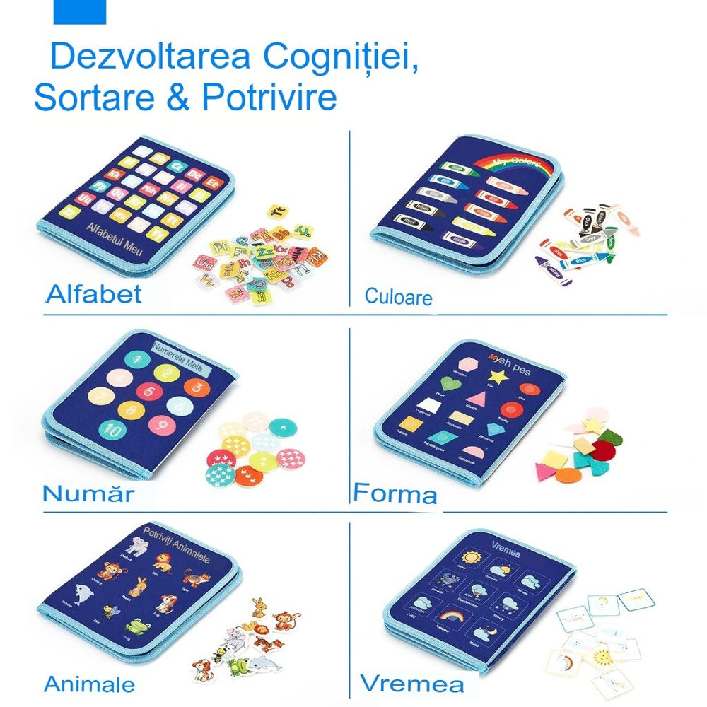 Carte Senzoriala Educativa Montessori, Dezvoltare Abilitati Motorii, 5 Pagini, Model Dinozauri, 28x22x7 cm, Albastru