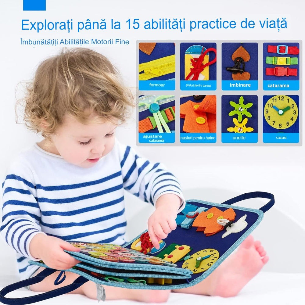 Carte Senzoriala Educativa Montessori, Dezvoltare Abilitati Motorii, 5 Pagini, Model Dinozauri, 28x22x7 cm, Albastru