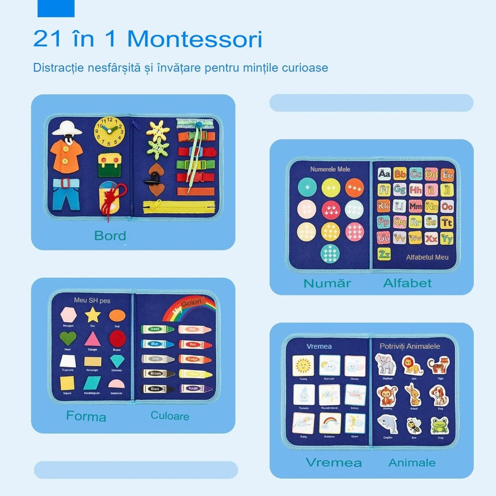 Carte Senzoriala Educativa Montessori, Dezvoltare Abilitati Motorii, 5 Pagini, Model Dinozauri, 28x22x7 cm, Albastru