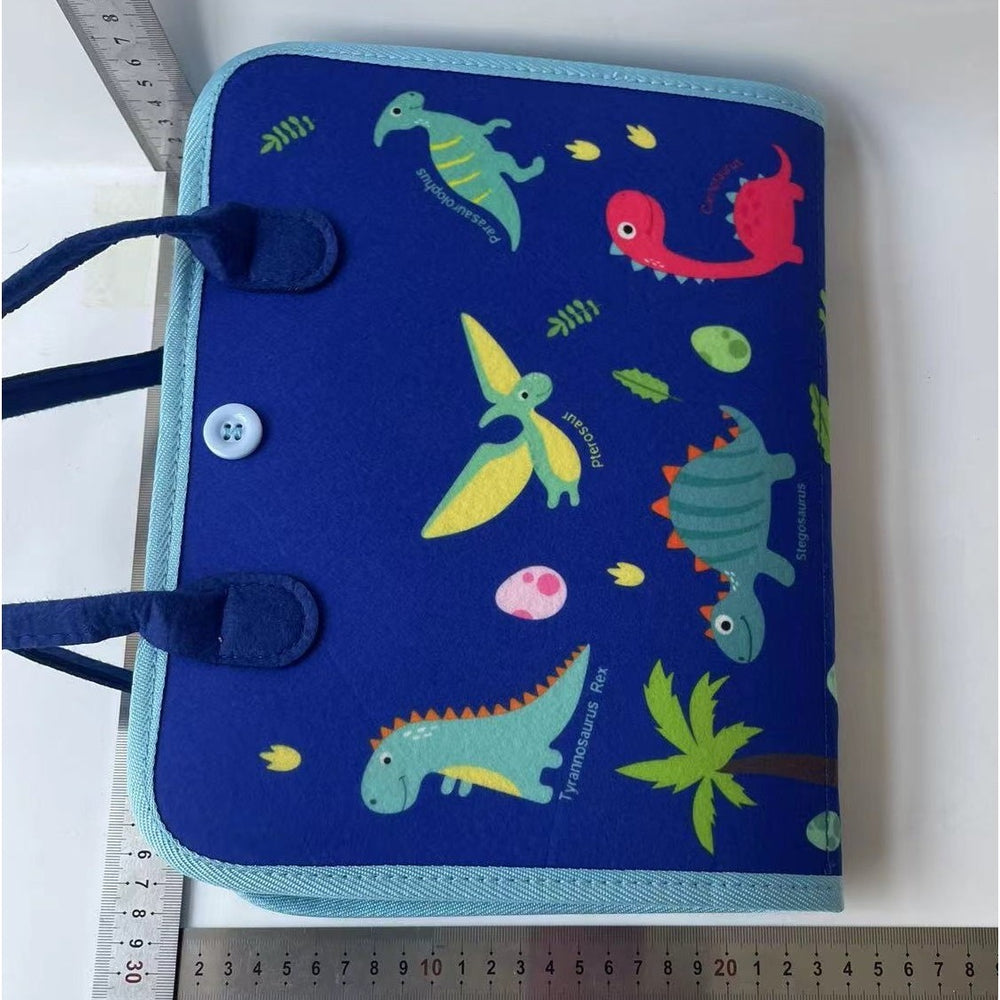 Carte Senzoriala Educativa Montessori, Dezvoltare Abilitati Motorii, 5 Pagini, Model Dinozauri, 28x22x7 cm, Albastru