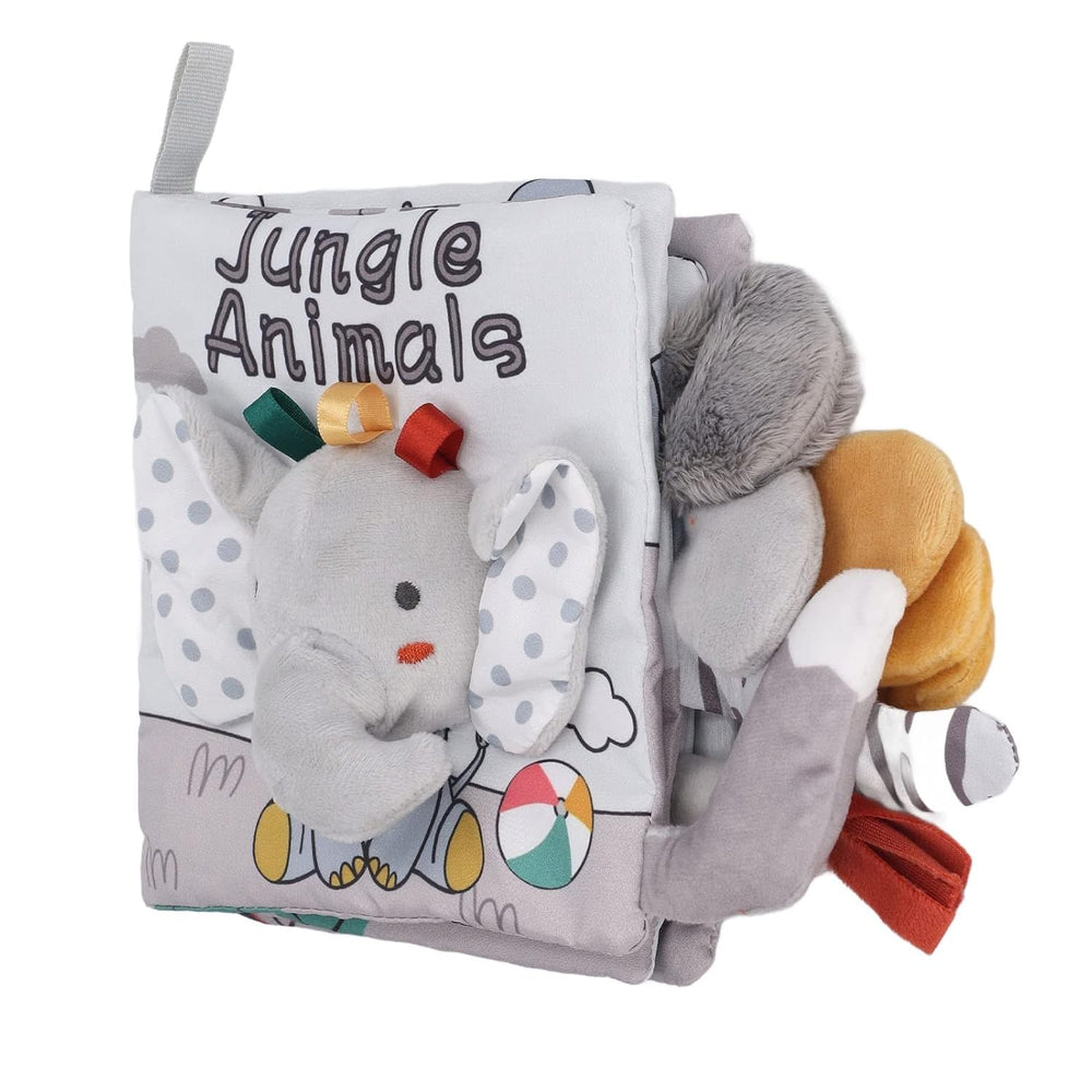 Carte Senzoriala, pentru Bebelusi, 15x16x6 cm, cu Animalute, 3D, Cu Sunete si Fosnete, 0-3 Ani, Model Elefantel, Gri