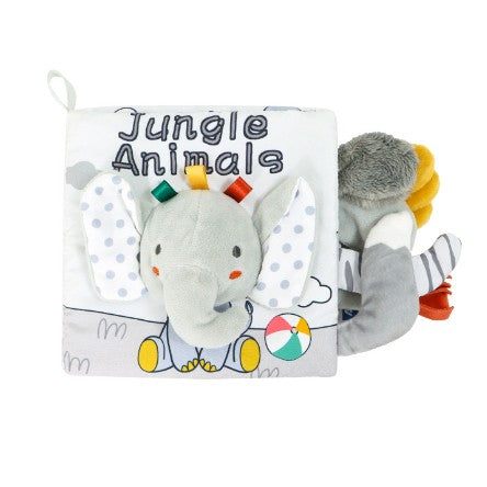 Carte Senzoriala, pentru Bebelusi, 15x16x6 cm, cu Animalute, 3D, Cu Sunete si Fosnete, 0-3 Ani, Model Elefantel, Gri
