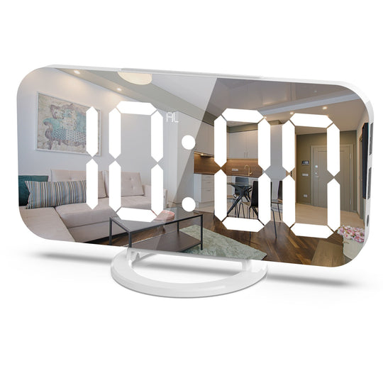 Ceas digital cu LED, multifunctional, afisaj digital, alarma, 2 porturi USB de iesire, ecran tip oglinda, modern, 15.8 cm, alb
