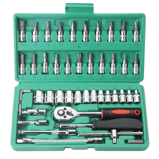 Chei tubulare Set 46 de Piese, Trusa Scule de Reparatii Auto, Prelungitoare Rigid si Flexibil, Articulatie Cardanica, Antrenor de Forta Glisant, Adaptoare, Maner pentru Surubelnita, 23 x 12 x 4 cm, 1.9 kg, Cutie Verde