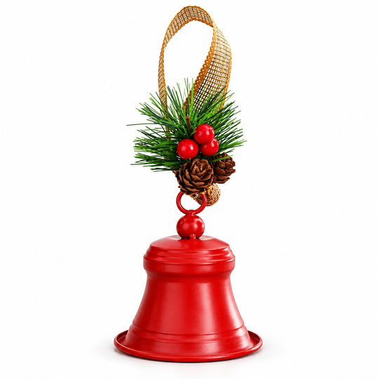Clopot decorativ pentru Brad Craciun, Clopot din Metal cu Funda si Crenguta de Brad pentru Decoratiune de Craciun, 10 x 8 x 8 cm, Rosu