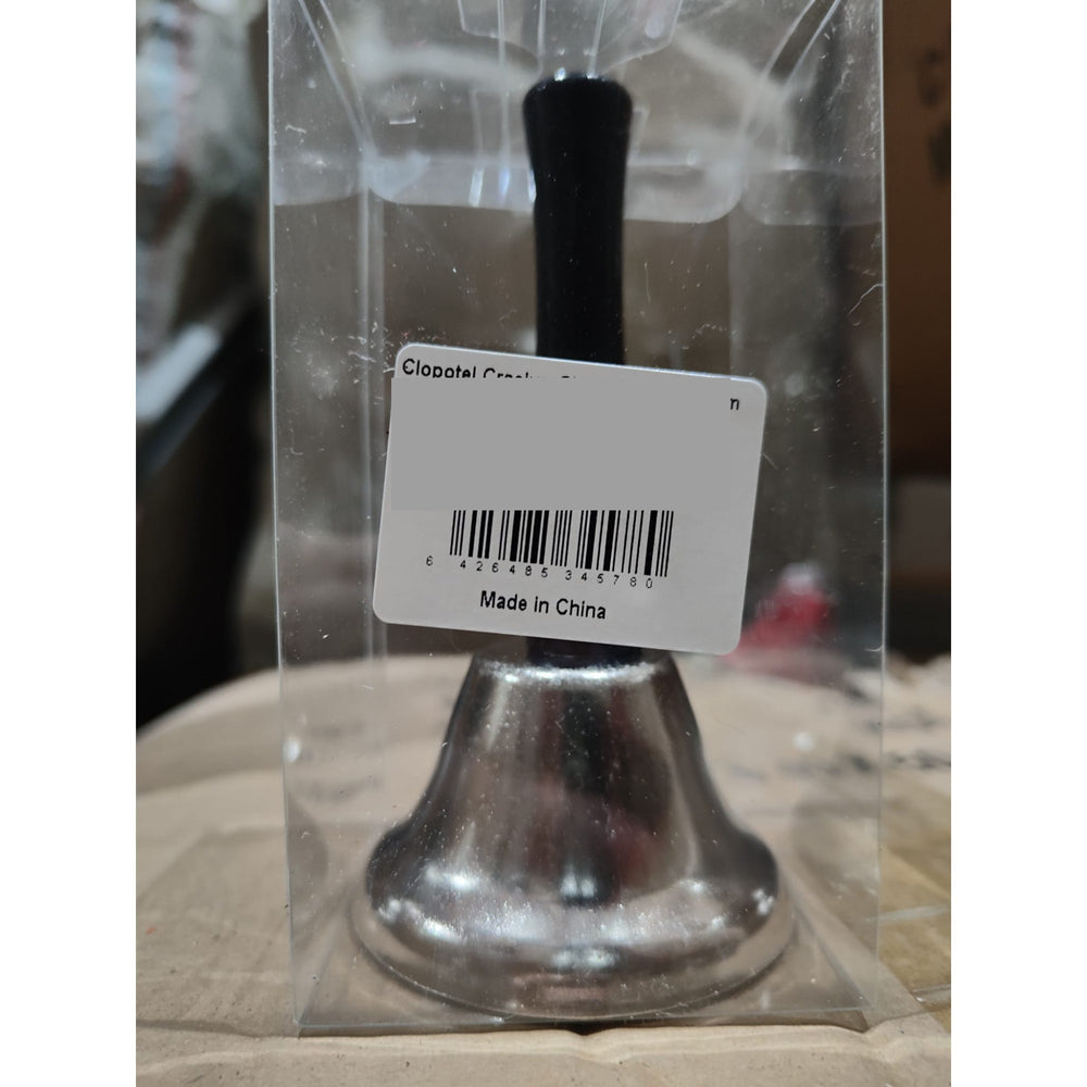 Clopotel de Craciun Metalic, Maner din Lemn, Circumferinta 6.5 cm, Lungime 12 cm, Argintiu