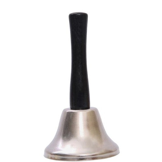 Clopotel de mana, argintiu, metalic, maner de lemn, lungime 12 cm, diametru 6.5 cm