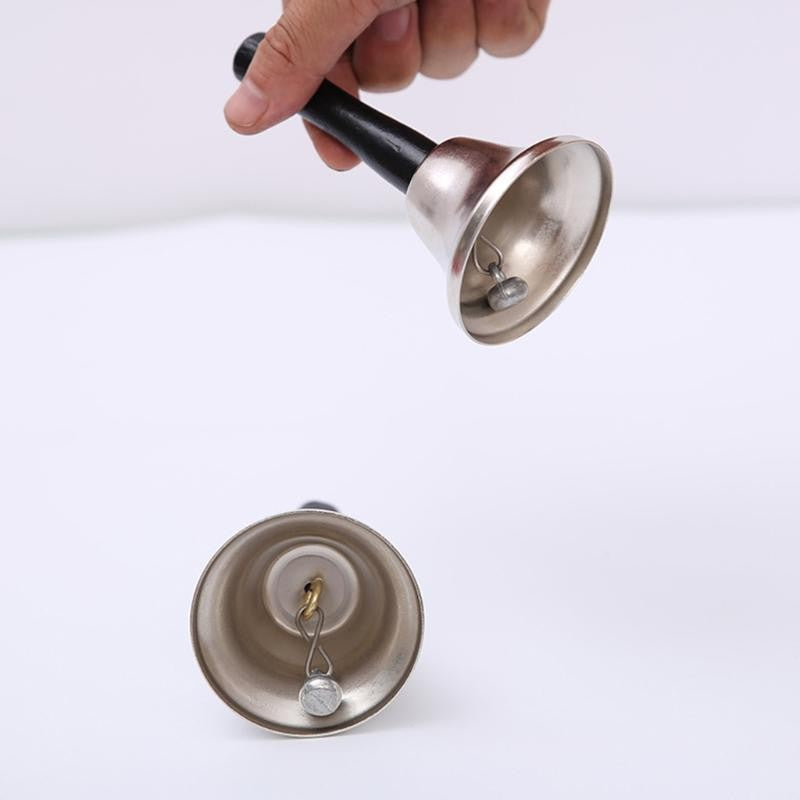 Clopotel de mana, argintiu, metalic, maner de lemn, lungime 12 cm, diametru 5cm