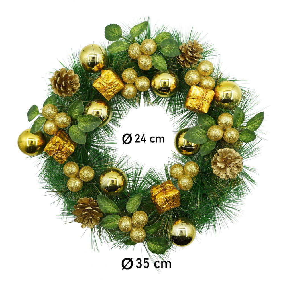 Coronita de Craciun pentru usa, Verde/Auriu, 35 cm, PVC, Artificiala, Decorata, Interior/Exterior