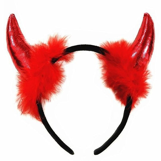 Coronita Deghizare, Model Cornite Devil, Rosu Satinat cu Puf Rosu, Marime Universala