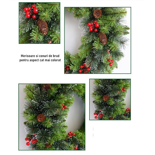 Coronita pentru Craciun, 60 cm, din brad artificial, decorata cu conuri si merisoare, Verde