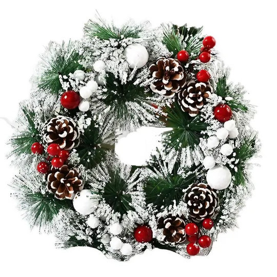 Coronita pentru Craciun, diametru 32 cm, din brad artificial, decorata cu conuri si merisoare, inzapezit. Verde/Alb