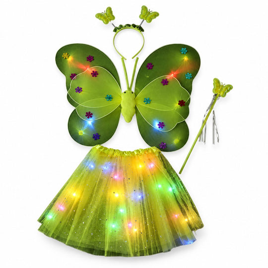 Costum Fluturas cu Aripi Modelabile Luminoase pentru Copii, Aripi 46 x 38 cm, Fusta din Tul cu Lumini 48 x 33 cm, Bagheta si Bentita, 4 Piese, Pentru Halloween, Roleplay, Craciun, Carnaval, Paste, Ziua Copilului, Bumbac/Poliester, Galben