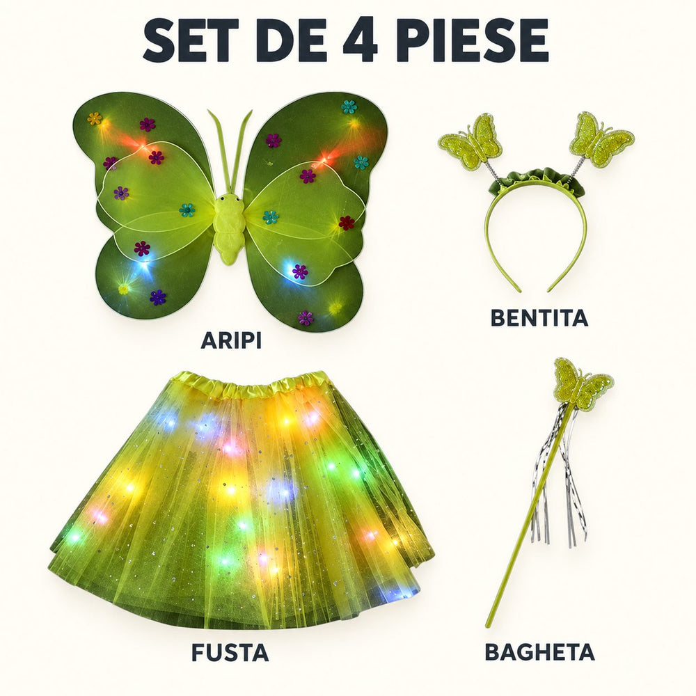 Costum Fluturas cu Aripi Modelabile Luminoase pentru Copii, Aripi 46 x 38 cm, Fusta din Tul cu Lumini 48 x 33 cm, Bagheta si Bentita, 4 Piese, Pentru Halloween, Roleplay, Craciun, Carnaval, Paste, Ziua Copilului, Bumbac/Poliester, Galben