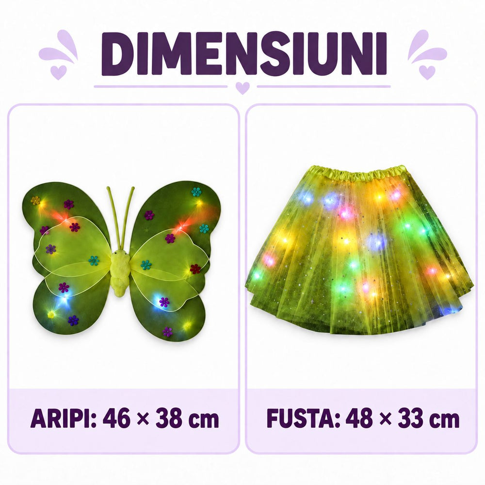 Costum Fluturas cu Aripi Modelabile Luminoase pentru Copii, Aripi 46 x 38 cm, Fusta din Tul cu Lumini 48 x 33 cm, Bagheta si Bentita, 4 Piese, Pentru Halloween, Roleplay, Craciun, Carnaval, Paste, Ziua Copilului, Bumbac/Poliester, Galben