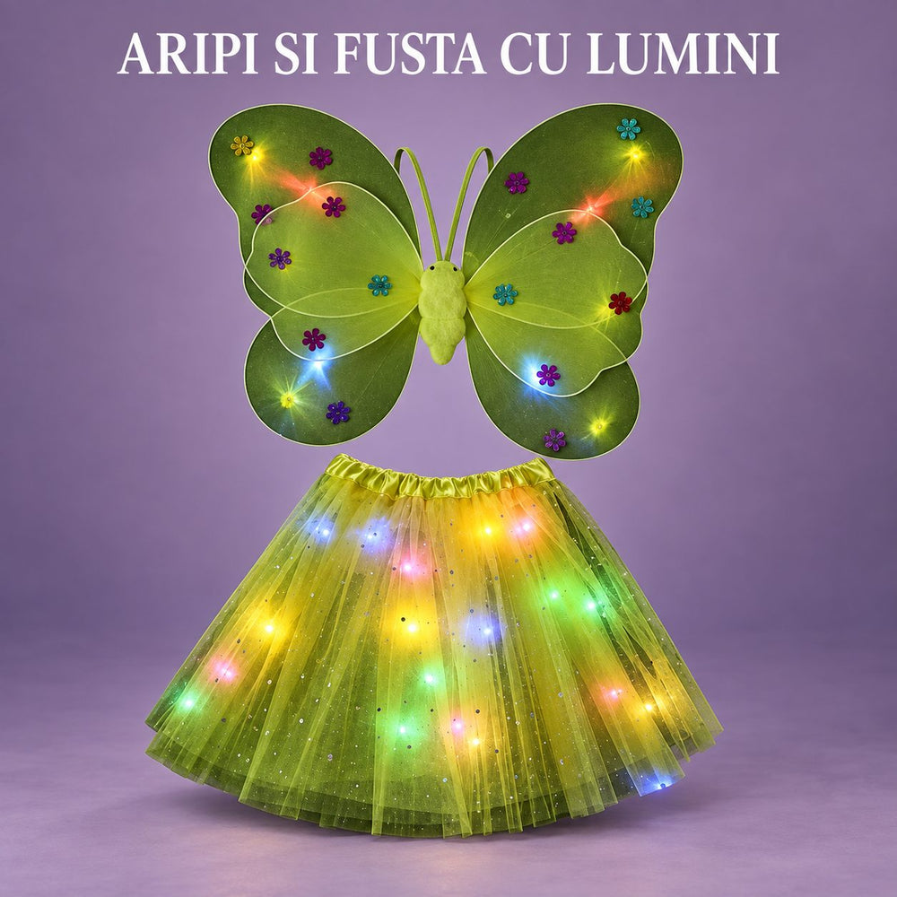 Costum Fluturas cu Aripi Modelabile Luminoase pentru Copii, Aripi 46 x 38 cm, Fusta din Tul cu Lumini 48 x 33 cm, Bagheta si Bentita, 4 Piese, Pentru Halloween, Roleplay, Craciun, Carnaval, Paste, Ziua Copilului, Bumbac/Poliester, Galben