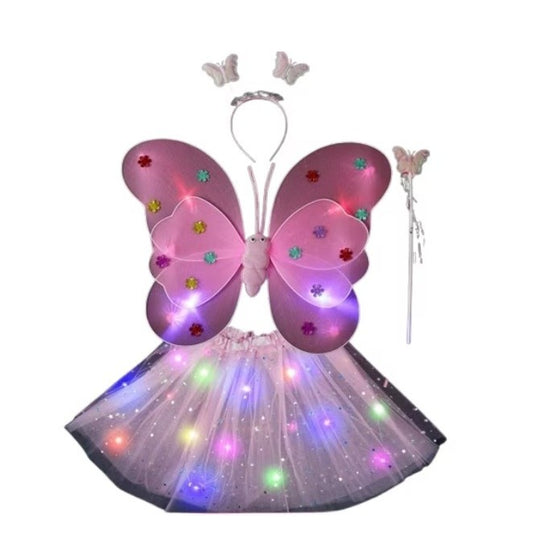 Costum Fluturas cu Aripi Modelabile Luminoase pentru Copii, Fusta din Tul cu Lumini, Bagheta si Bentita, 4 piese, Pentru Halloween, Roleplay, Craciun, Carnaval, Paste, Ziua Copilului, Bumbac/Poliester, Marime universala, Roz