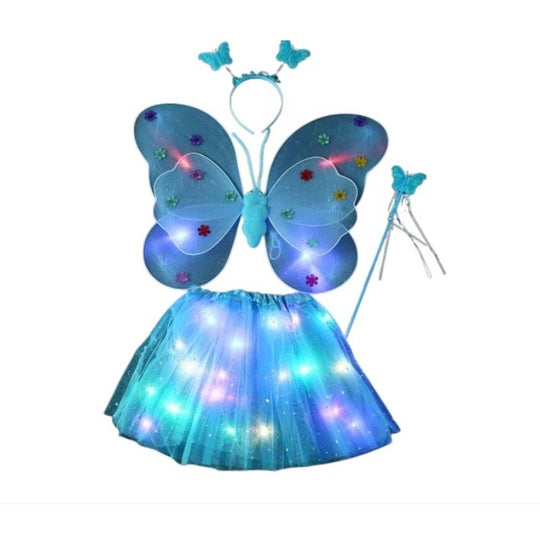 Costum Fluturas cu Aripi Modelabile Luminoase pentru Copii, Fusta din Tul cu Lumini, Bagheta si Bentita, 4 piese, Pentru Halloween, Roleplay, Craciun, Carnaval, Paste, Ziua Copilului, Bumbac/Poliester, Marime universala, Albastru