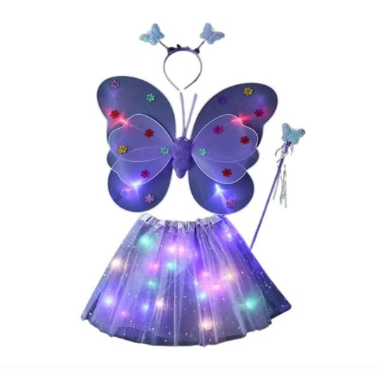 Costum Fluturas cu Aripi Modelabile Luminoase pentru Copii, Fusta din Tul cu Lumini, Bagheta si Bentita, 4 piese, Pentru Halloween, Roleplay, Craciun, Carnaval, Paste, Ziua Copilului, Bumbac/Poliester, Marime universala, Mov