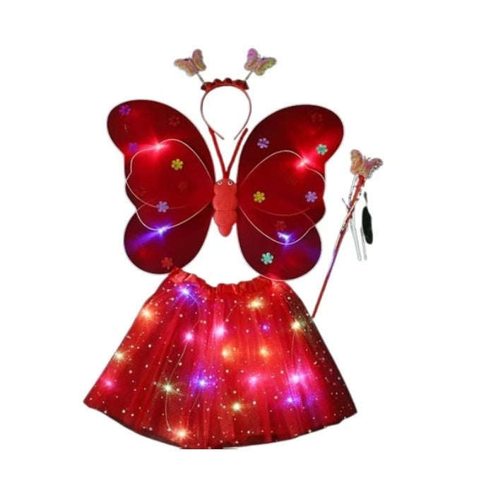 Costum Fluturas cu Aripi Modelabile Luminoase pentru Copii, Fusta din Tul cu Lumini, Bagheta si Bentita, 4 piese, Pentru Halloween, Roleplay, Craciun, Carnaval, Paste, Ziua Copilului, Bumbac/Poliester, Marime universala, Rosu
