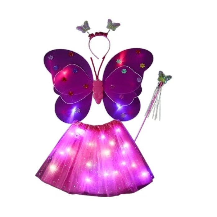 Costum Fluturas cu Aripi Modelabile Luminoase pentru Copii, Fusta din Tul cu Lumini, Bagheta si Bentita, 4 piese, Pentru Halloween, Roleplay, Craciun, Carnaval, Paste, Ziua Copilului, Bumbac/Poliester, Marime universala, Roz-Rosu