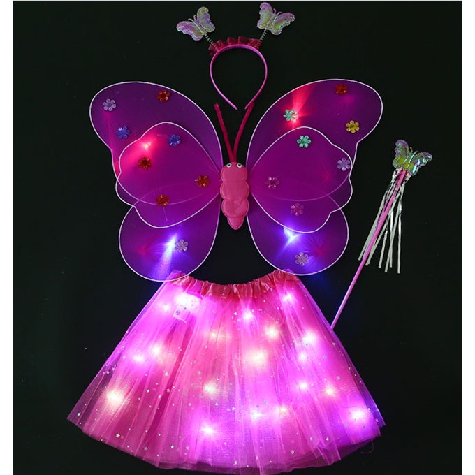 Costum Fluturas cu Aripi Modelabile Luminoase pentru Copii, Fusta din Tul cu Lumini, Bagheta si Bentita, 4 piese, Pentru Halloween, Roleplay, Craciun, Carnaval, Paste, Ziua Copilului, Bumbac/Poliester, Marime universala, Roz-Rosu