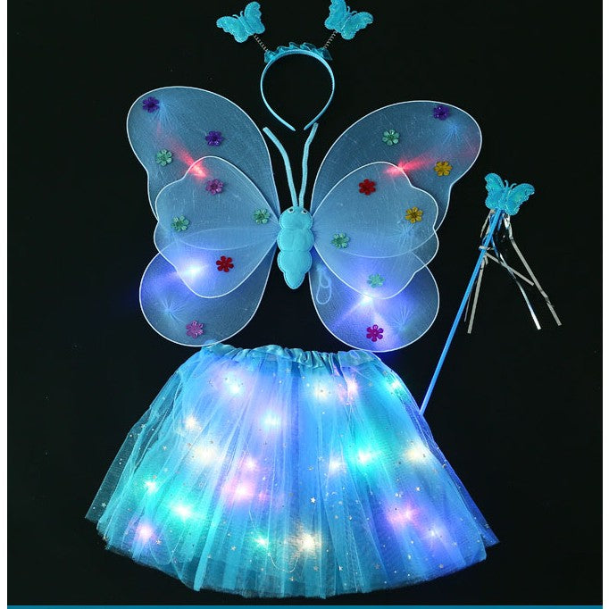 Costum Fluturas cu Aripi Modelabile Luminoase pentru Copii, Fusta din Tul cu Lumini, Bagheta si Bentita, 4 piese, Pentru Halloween, Roleplay, Craciun, Carnaval, Paste, Ziua Copilului, Bumbac/Poliester, Marime universala, Albastru