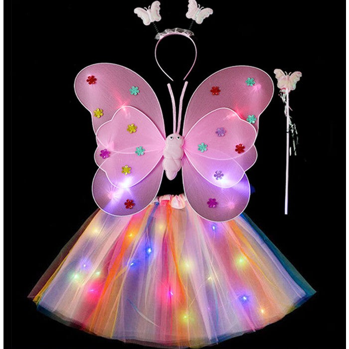Costum Fluturas cu Aripi Modelabile Luminoase pentru Copii, Fusta din Tul cu Lumini, Bagheta si Bentita, 4 piese, Pentru Halloween, Roleplay, Craciun, Carnaval, Paste, Ziua Copilului, Bumbac/Poliester, Marime universala, Curcubeu
