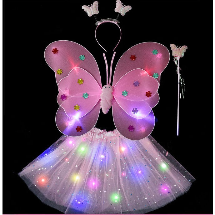 Costum Fluturas cu Aripi Modelabile Luminoase pentru Copii, Fusta din Tul cu Lumini, Bagheta si Bentita, 4 piese, Pentru Halloween, Roleplay, Craciun, Carnaval, Paste, Ziua Copilului, Bumbac/Poliester, Marime universala, Roz