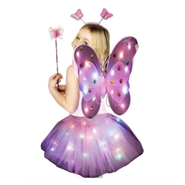 Costum Fluturas cu Aripi Modelabile Luminoase pentru Copii, Fusta din Tul cu Lumini, Bagheta si Bentita, 4 piese, Pentru Halloween, Roleplay, Craciun, Carnaval, Paste, Ziua Copilului, Bumbac/Poliester, Marime universala, Roz-Rosu