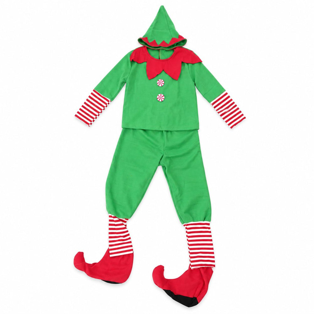 Costum Spiridus pentru Baieti, Bluza cu Pantaloni, Fes si Botosi, Poliester, Varsta 1-3 Ani, Bluza 33 cm, Pantaloni 55 cm, Verde/Rosu