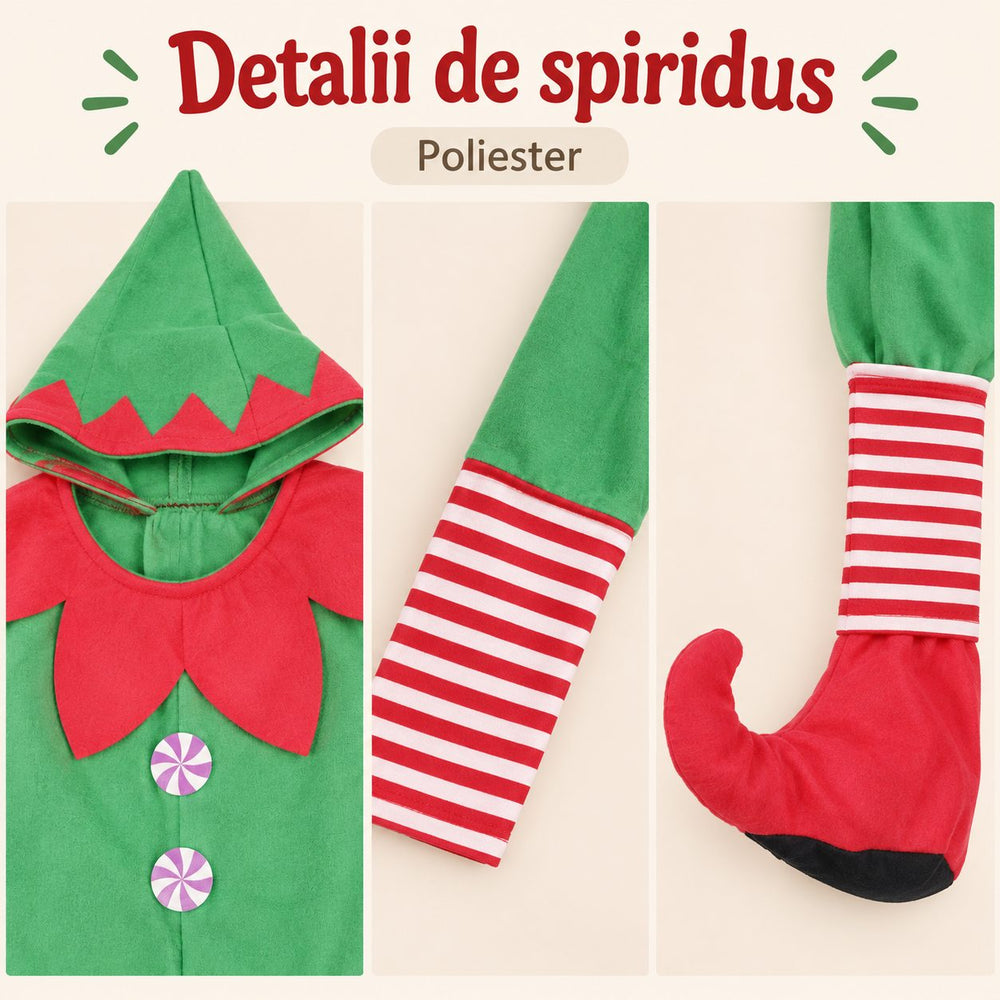 Costum Spiridus pentru Baieti, Bluza cu Pantaloni, Fes si Botosi, Poliester, Varsta 1-3 Ani, Bluza 33 cm, Pantaloni 55 cm, Verde/Rosu