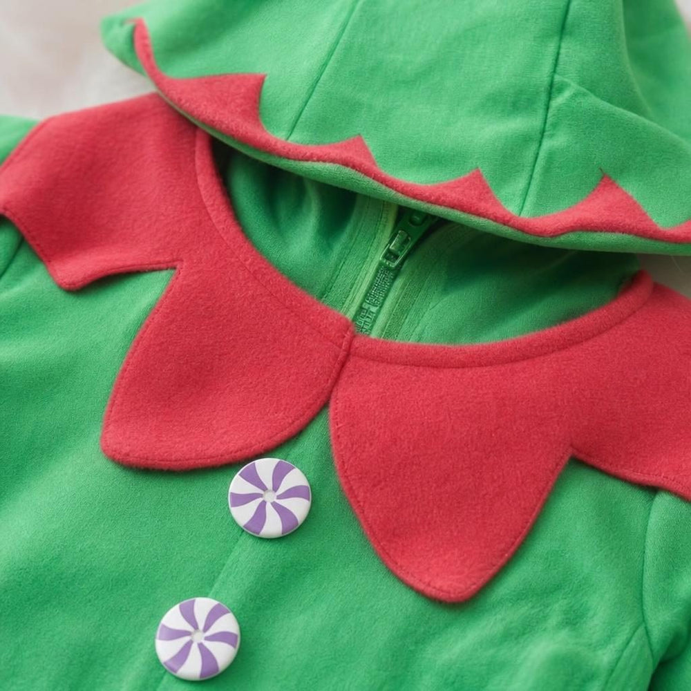 Costum Spiridus pentru Baieti, Bluza cu Pantaloni, Fes si Botosi, Poliester, Varsta 1-3 Ani, Bluza 33 cm, Pantaloni 55 cm, Verde/Rosu