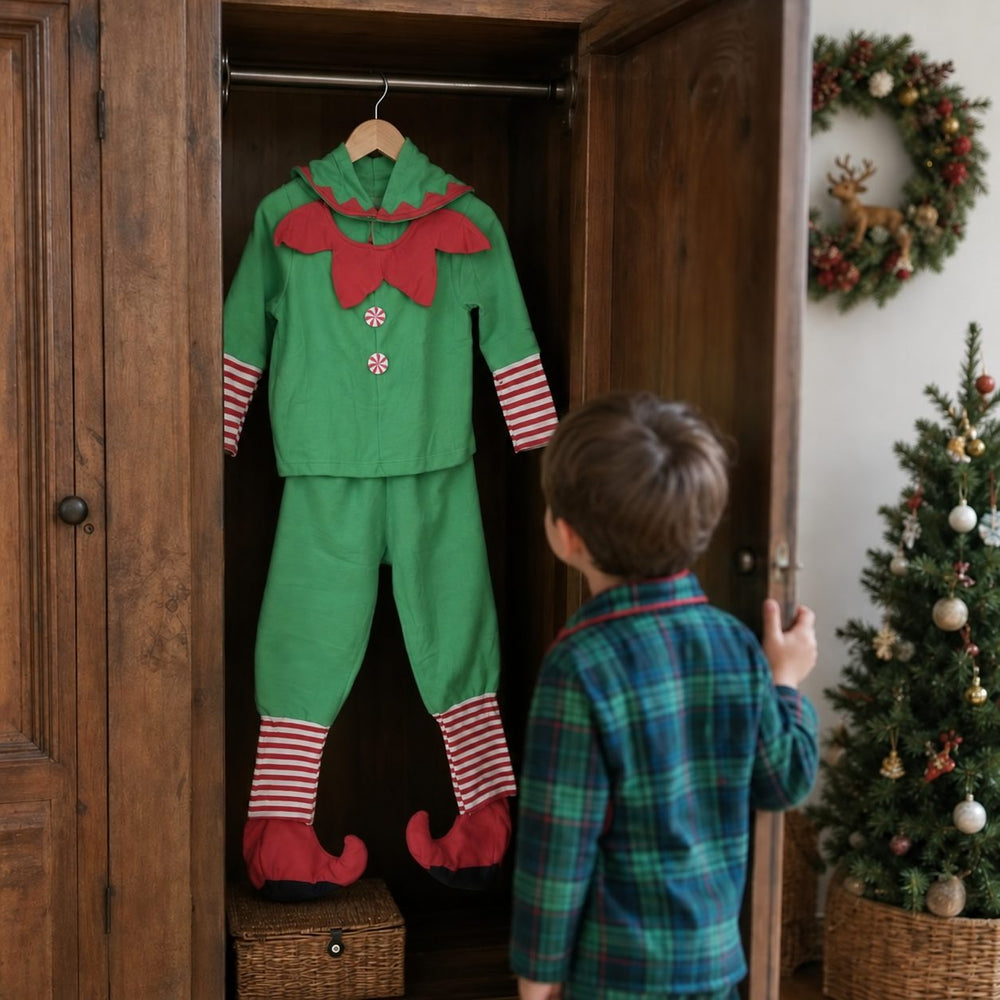 Costum Spiridus pentru Baieti, Bluza cu Pantaloni, Fes si Botosi, Poliester, Varsta 1-3 Ani, Bluza 33 cm, Pantaloni 55 cm, Verde/Rosu