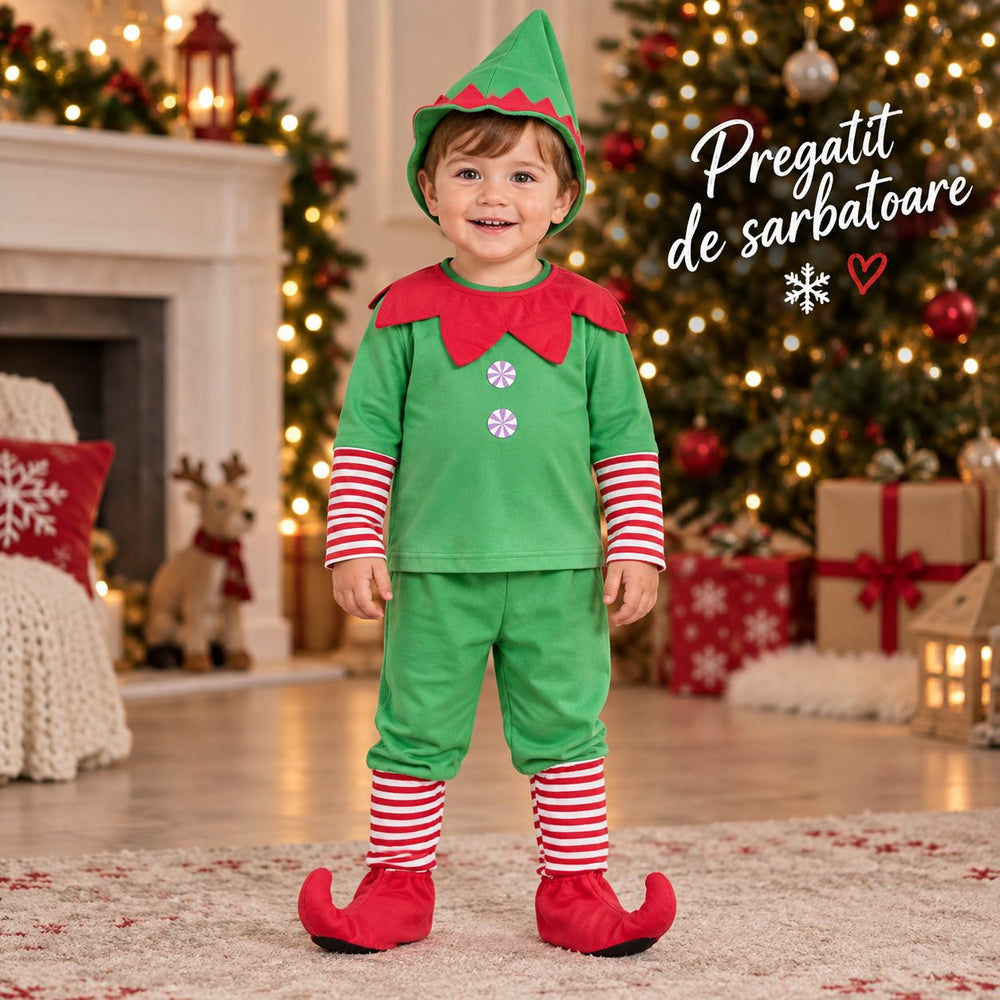 Costum Spiridus pentru Baieti, Bluza cu Pantaloni, Fes si Botosi, Poliester, Varsta 1-3 Ani, Bluza 33 cm, Pantaloni 55 cm, Verde/Rosu