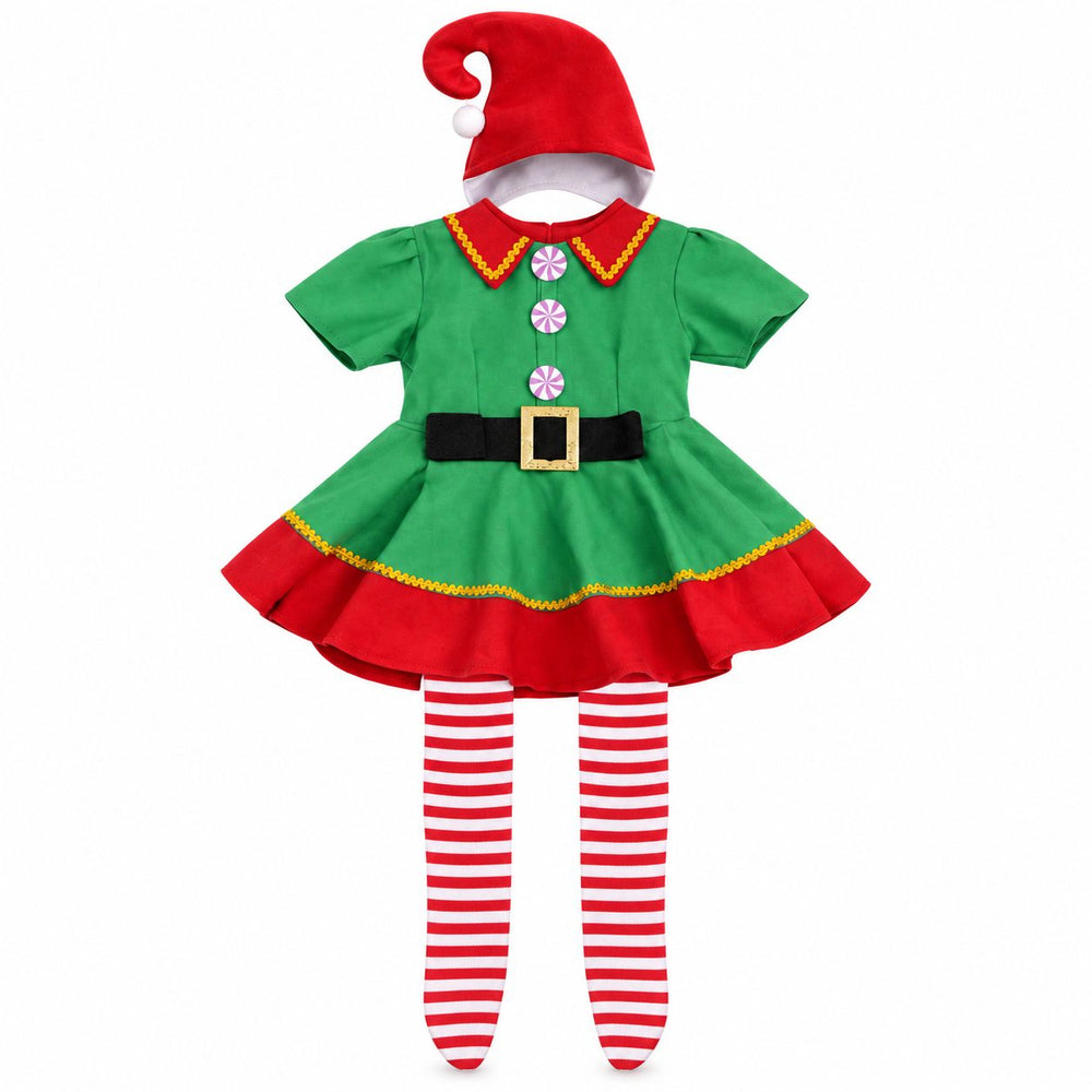 Costum Spiridus pentru Fete, Rochita cu Fes si Sosete, Poliester, Varsta 7-9 Ani, Rochita 77 cm, Verde/Rosu