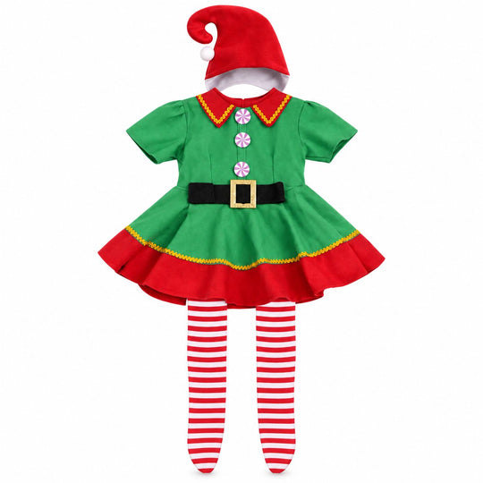 Costum Spiridus pentru Fete, Rochita cu Fes si Sosete, Poliester, Varsta 7-9 Ani, Rochita 77 cm, Verde/Rosu